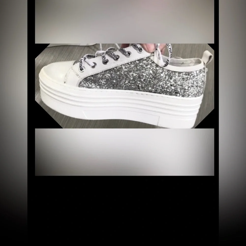 Love Moschino Leather platform sneakers Silver Glitter on White  EU 38 = US 7.5